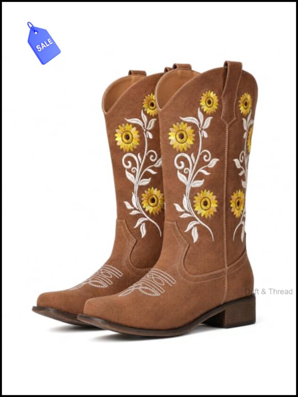 Women's Square Toe Western Cowgirl Boots Embroidered Mid-Calf Faux Leather